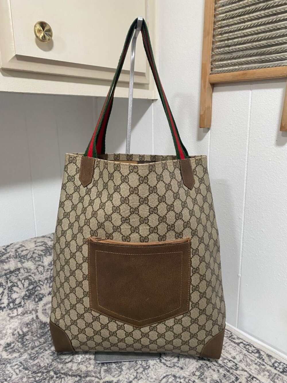 Gucci GG Supreme Monogram Canvas Tote Bag With Leather Trim & Striped Handles